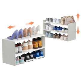 X-cosrack 2 Pack 2-Tier Shoe Rack Organizer for Closet, Expandable and Adjustable White Shoe Rack, Stackable Iron Wood Combination Shoe Storage Shelves for Closets, Entryway, Small Space, Garage