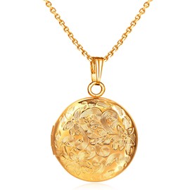 YOUFENG Locket Necklace that Holds Pictures Flower Lockets Necklaces Pendant 18K Gold Plated Gifts Jewelry Gold Round