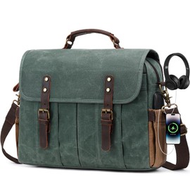 Vintage Mens Messenger Bag 15.6 inches Waterproof Genuine Leather Waxed Canvas Satchel Shoulder Bag Briefcase Laptop Bag with Charging,Headset Port,Dark Green