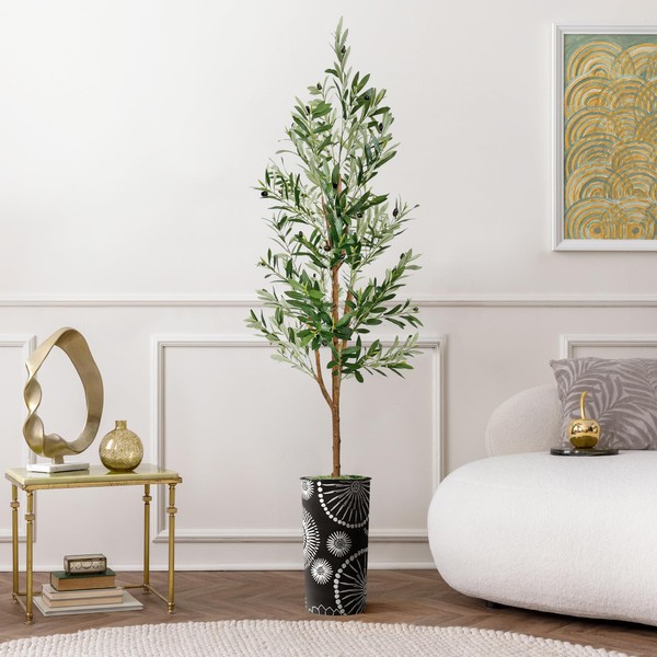 Artificial Tree in Black and White Patterned Planter, Fake Olive