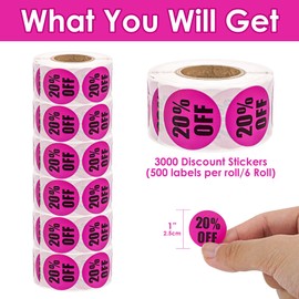 TOCCOOL 1inch Discount Stickers, Circular Deal Tag Label, 20 Percent Off Sticker for Store Promotion, Retail Use or Clearing Inventory (6 Rolls of 500 Each)