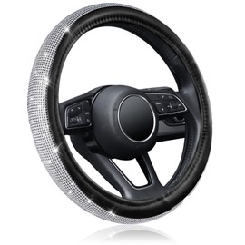 KAFEEK Diamond Leather Steering Wheel Cover with Bling Bling Crystal Glitter Rhinestones, Universal 15 inch, Car Accessories for Women Girl, Black Microfiber Leather Black Diamond