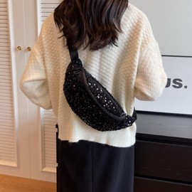 Cslbiuni Sequins Glitter Waist Bag Fanny Pack for Women Girls Crossbody Belt Bag Chest Bag Phone Pouch for Travel Running Workout, Black, one size