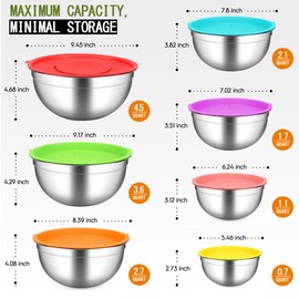 JUJOJB Mixing Bowls With Lids Set,Stainless Steel Mixing Bowls Set With 3 Grater,Metal Nesting Bowls For Kitchen Baking Refrigerator Meal Prep Food Organizer,7 Size(Multicolor)