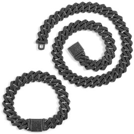 JUNVirtuous 2 Pieces Cuban Link Chain for Men Cuban Diamond Chain Necklace and Bracelet Iced Out Miami Cuban Hip Hop Jewelry (Black,8" and 18" Chain)