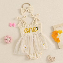 LYSINK Baby Girl 1st Birthday Outfit Sleeveless One Letters Tie-Up Tulle Romper Dress with Bow Hairband Infant Summer Clothes (Bc Apricot, 6-12 Months)
