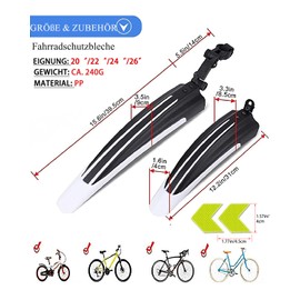 VeloGo Bicycle mudguard set, front and rear mudguard for mountain bike and road bike, adjustable angle, easy installation, suitable for 20-26 inch bicycles