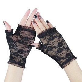 ZOONAI 2 Pairs Lace Gloves for Women Girls, Floral Protection Sunproof Half Finger Gloves Bridal Wedding Party Gloves (A-Black)