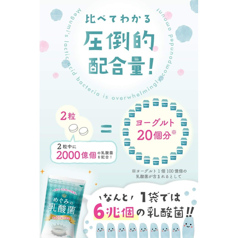めぐみの乳酸菌 乳酸菌 ビフィズス菌 ６兆個27種の乳酸菌 60粒 30日分 サプリメント オリゴ糖 食物繊維 タブレット