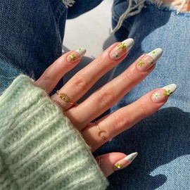 JUSTOTRY Almond Shape Press on Nails for Spring and Summer , Short Medium Length with Green Flowers and White French Designs Oval 24 Pcs Fake False Nails with Glue, Nail Art for Women and Girl Stick on Nails