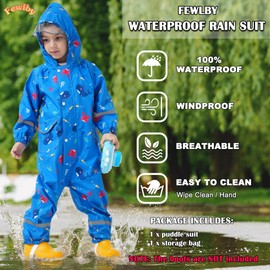 Fewlby Kids Rain Suit, Toddler Raincoats One Piece Hoodie Cartoon Rain Gear Boys Waterproof Rainwear Coveralls