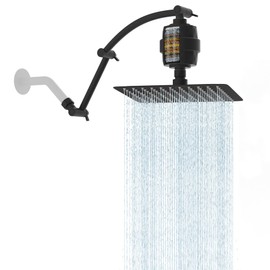 Hibbent All Metal Rain Filtered Shower Head, 10'' High Pressure Rainfall Showerhead with 16" Shower Head Extension Arm, 20 Stage Shower Filter, Solid Brass Adjustable Shower Arm Extender, Matte Black