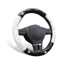 SuperKaKa Black and White Steering Wheel Cover, Auto Cute PU Diamond Bling Comfort Leather Car Interior Accessories Protector Sparkly Fit Most O-Shaped Steering Wheels