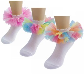 WBZOTSS Girls Ruffle Socks Rainbow Fluffy Ruffle Lace Dance Dressy Socks for Baby Toddler Little Girls 3 Pack (US, Age, 4 Years, 6 Years, 3 pairs H)