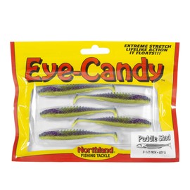 Northland Tackle Eye Candy Paddle Shad Floating 3.5" Soft Plastic Minnow Bait for Walleye Fishing, 5 Baits Per Pack, Purple Gill