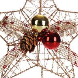 com-four® Decorative Christmas Star - Gold Star with Bow, Cones and Baubles - Christmas Tree Decoration - Glitter Christmas Decoration to Stand Up (Gold - with Bow - S)