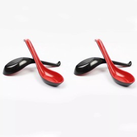 4 Pack Soup Spoons with Hook Asian Japanese Wonton Pho Ramen Black Red 4623x4