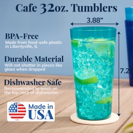 US Acrylic Café Plastic Reusable Tumblers (Set of 12) 32-ounce Iced-Tea Cups, Assorted | Value Set of Restaurant Style Drinking Glasses, Stackable, BPA-free, Made in the USA | Top-rack Dishwasher Safe
