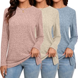 Huukeay 3 Pack Women's Long Sleeve Shirts Lightweight Tunic Sweaters with Side Split Crew Neck Casual Tops 2025 Trendy(Blue-Gray,Cream,Light Pink,X-Large)