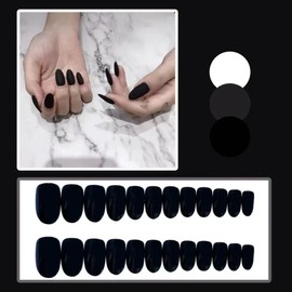 Ztcily Künstliche Nägel, kurz, mattschwarz, künstliche Nägel, Mandel, kurz, schwarz, mit Kleber, für Damen, Mädchen, Zubehör oder Geschenkidee für Weihnachten, Neujahr, Valentinstag, Hochzeit