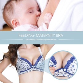 Breastfeeding Bra, Cotton Pre Opening Button Breast Feeding Bra Maternity Sleep Bras with Lace Trim for Pregnant Women(36 80 Blue)