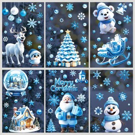 Christmas Window Stickers 9 Sheets Double Side Window Cling Xmas Scene Stickers Window Christmas Decorations for Christmas Window (Blue)