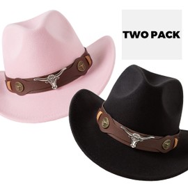 Zokunari Womens 2 Pack Western Style Cowboy Hats with Wide Belt Buckle Black+Pink