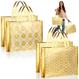 PerKoop 4 Pcs Extra Large Christmas Gift Bag 20 x 16 Inch Jumbo Golden Pattern Gift Bag Non Woven Fabric Reusable Gift Bag Oversized Tote Gift Bags for Xmas Weddings, Bridal Showers, Birthdays