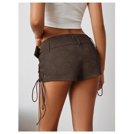 MakeMeChic Women's PU Leather Lace Up Ruched Tie Side Micro Shorts Low Waist Belted Festival Rave Mini Short, Pu-brown, Small