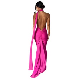 Women's Sexy One Shoulder Backless Maxi Dress Elegant Ruched O Ring Sleeveless Evening Dress Long Gown Cocktail Dresses Hot Pink