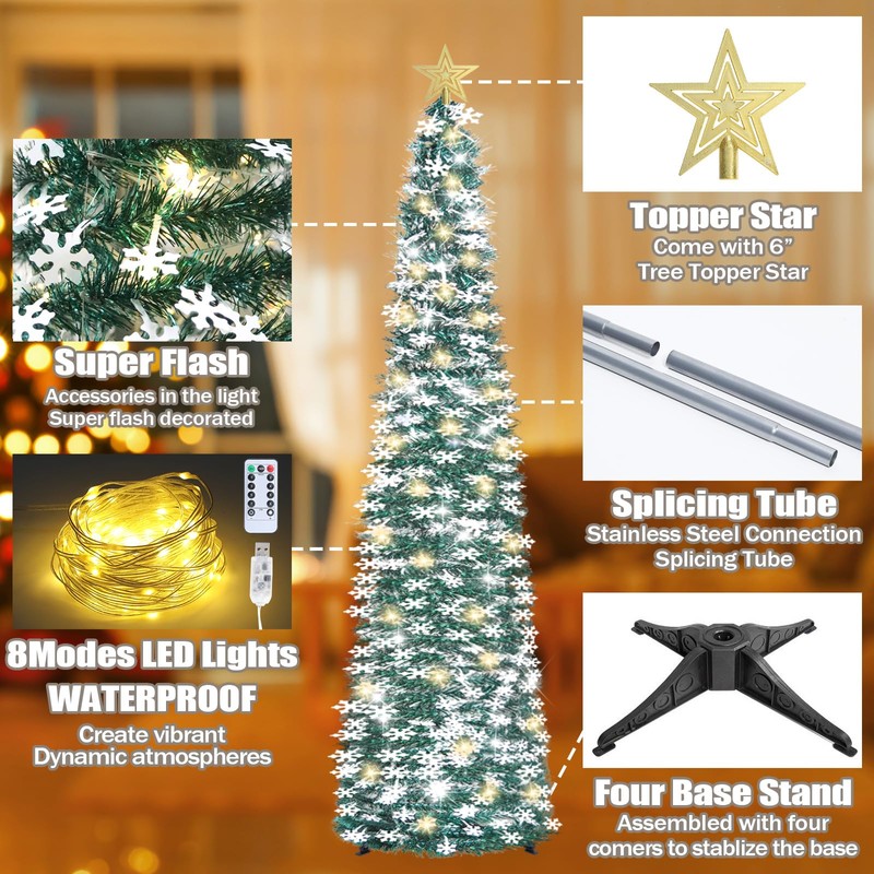 HMASYO 6 FT Pop Up Tinsel Christmas Tree with 100