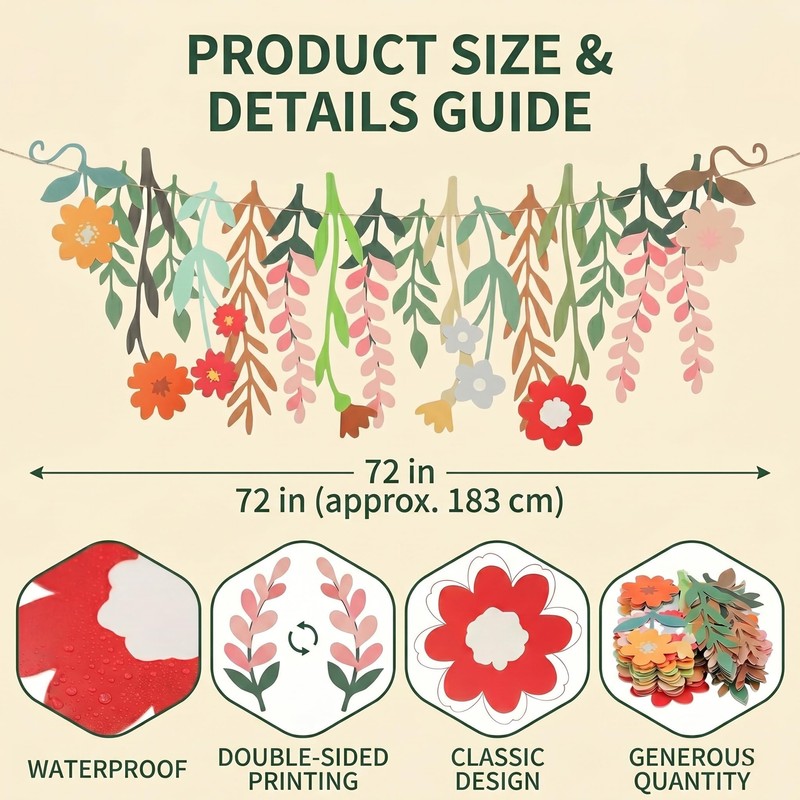 2 Pcs Flower Banner with Paper Flower Fans, Floral Garland