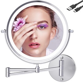 9 Inch Large Rechargeable Lighted Makeup Vanity Mirror Wall Mounted, 1X/10X Magnifying Mirror with Light for Bathroom 3000mAh USB Charging, Chrome Wall Mounted Mirror Swing Arm with 3 Light for Makeup