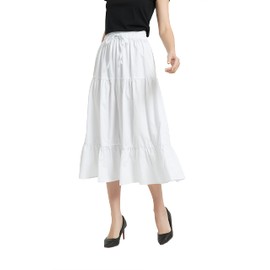 Tronjori Womens A Line Long Midi Denim Skirt Tired Pleated Layers Elastic Waist Front Drawstring(XL, White)