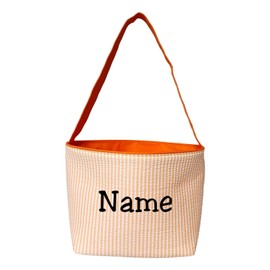 SONA G DESIGNS Seersucker Stripe Fabric Easter Basket Bucket Tote Bag - Toys Egg Collecting (Orange with Embroidered Name)