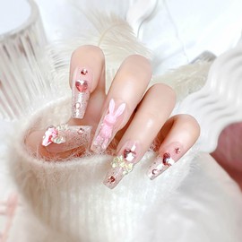 Vokupoga Long Press on Nails Coffin Fake Nails Pink Nail Press ons with Charms Handmade False Nails with 3D Cute Rabbit Designs Glitter Acrylic Artificial Nails Natural Stick on Nails for Women 24Pcs