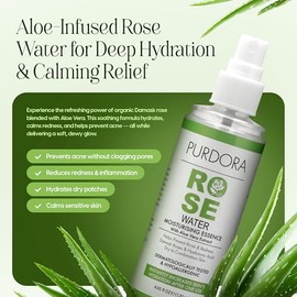 Tónico facial de agua de rosas con aloe vera y ácido hialurónico, spray hidratante y calmante para enrojecimiento, piel seca y propensa al acné, natural, sin alcohol, 4.05 onzas líquidas
