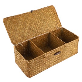 OLegei Wicker Basket Storage Basket 3 Compartments Basket Braided with Lid Storage Box for Desk, Shelf, Dining Table (Caramel)