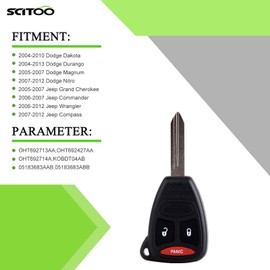 SCITOO 2 X Remote Head Key for Dodge for Dakota for Ram 1500 for Jeep for Grand Cherokee for Patriot for Wrangler 2004-2013 OHT692713AA OHT692427AA OHT692714A KOBDT04AB 05183683AAB 05183683ABB