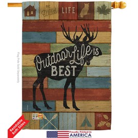 Outdoor Life Is Best Garden House Flags Kit Lodge Rustic Lake Cabin Moose Wildlife Adventure Forest Small Decorative Gift Yard Banner Double-Sided Made In USA 28 X 40