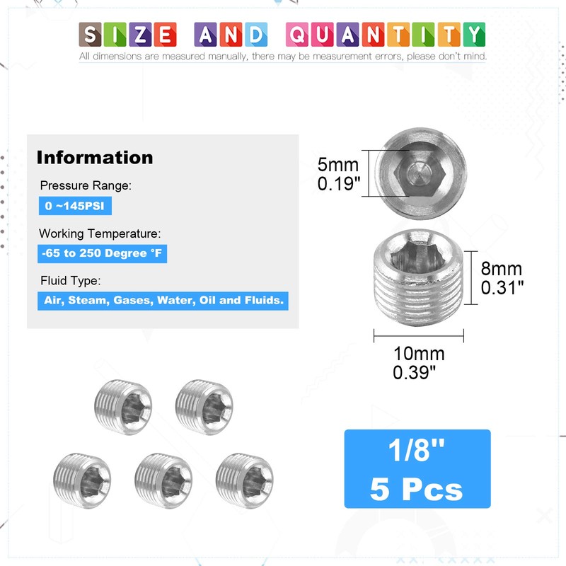 Glarks 16Pcs 304 Stainless Steel 1/8'' NPT Male Pipe Plug