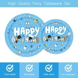 96Pcs Blue Dog Birthday Party Supplies Set for 24 Guests Happy Birthday Dessert Plates Lunch Plates Napkins Disposable Tableware Party Kit for Boys Kids