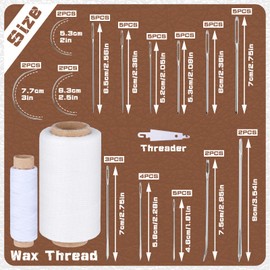 Leather Sewing Waxed Thread, 273Yards 210D and 32Yards 150D White Waxed Thread, Heavy Duty Sewing Kit with 52pcs Hand Sewing Needles, 0.8mm Waxed Thread for BookbindingLeather Projects