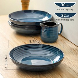Tikooere Pasta Bowls 32 OZ,Ceramic Salad Serving Bowls Set of 4,Large 8.7 inch Shallow Bowls Plates for Soup,Fruit,Noodle,Dinner,Dishwasher & Microwave Safe,Navy Blue
