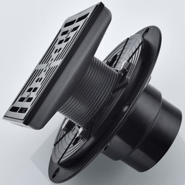 RANDOM 4 Inch Black Shower Drain Square with Adjustable PVC Base Flange,SUS304 Stainless Steel Matte Black Shower Floor Drain with Removable Cover Grid Grate