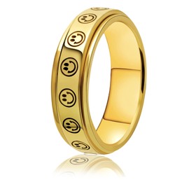 Spinner Ring For Anxiety Women – 6mm Gold Plated Stainless Steel Womens Smiley Face Spinner Rings Happy Face Band Stress Relief Anxiety Ring for Women Girl Ladies Gold Size 7