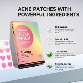 Dazzlook Cute Pink Heart Acne Patch with Salicylic Acid, Hydrocolloid Pimple Stickers Iridescent Colors 48 Pcs, Fashion Zits Blemishes Breakouts Patches