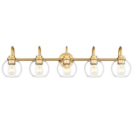 Audickic Bathroom Light Fixtures, 5-Light Brushed Gold Vanity Lights with Globe Clear Glass, 35 Inch Champagne Bronze Vanity Lighting Fixtures Over Mirror, AD-22280-5W-GD