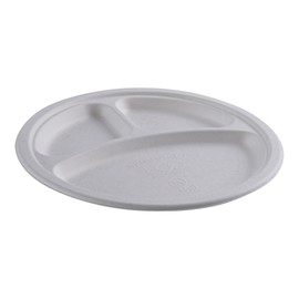 Eco-Products Vanguard Disposable Round Sugarcane Plate, No PFAS Added, Eco-Friendly, Compostable, Grease and Cut Resistant, Microwave Safe, 10" 3 Compartment Diameter, Case of 500