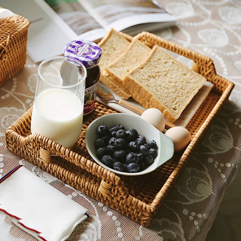 I-lan 2 Pack Rattan Rectangle Serving Basket Tray with Handle-